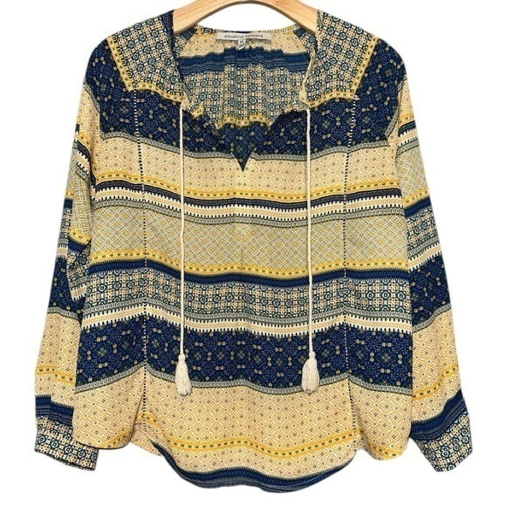 Collective Concepts Women's Size XS Blue Yellow Striped V-neck Long Sleeve Top